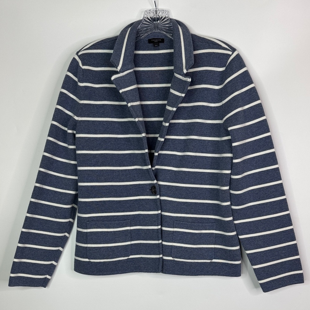 Talbots Blue White Striped One Button Blazer Jacket Size Large Petite